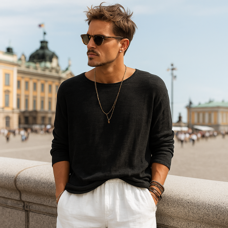 Men's Casual Solid Color Breathable Soft Cotton Round Neck Loose Long Sleeve T-shirt DTT25070209