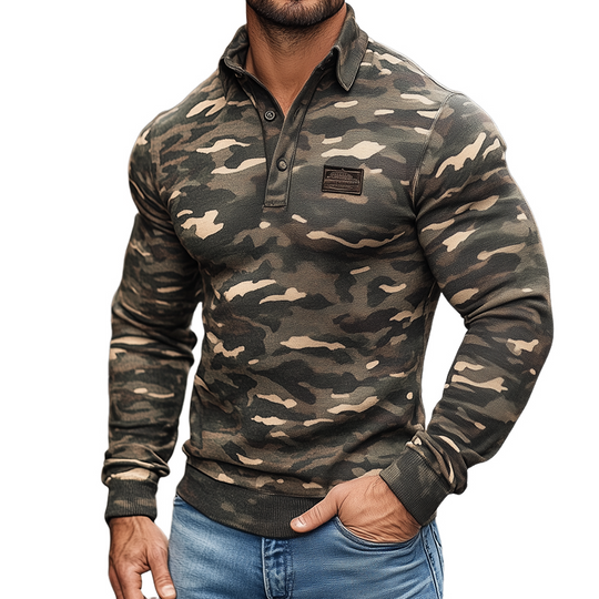 Men's Retro Casual Camouflage Lapel Long Sleeve T-shirt DTT25082711