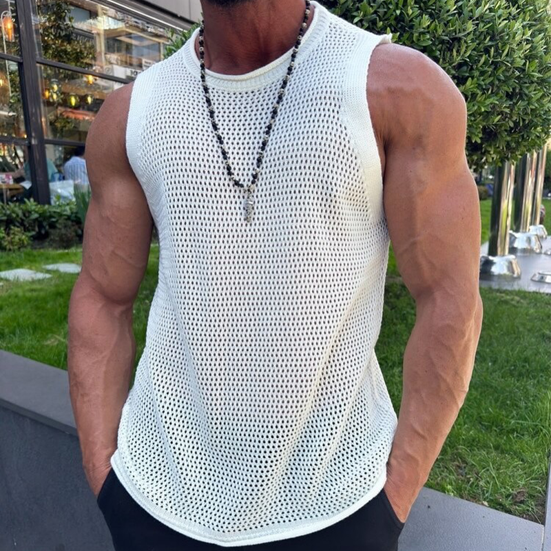 Men's Solid Knit Mesh Crew Neck Tank Top DTT25072208