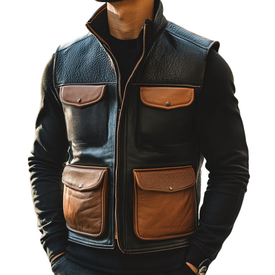 Men's Vintage Stand Collar Zippered Leather Vest 9893977260216