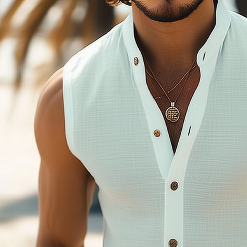 Men's Summer Basic Stand Collar Texture Sleeveless Shirt DTT25070806