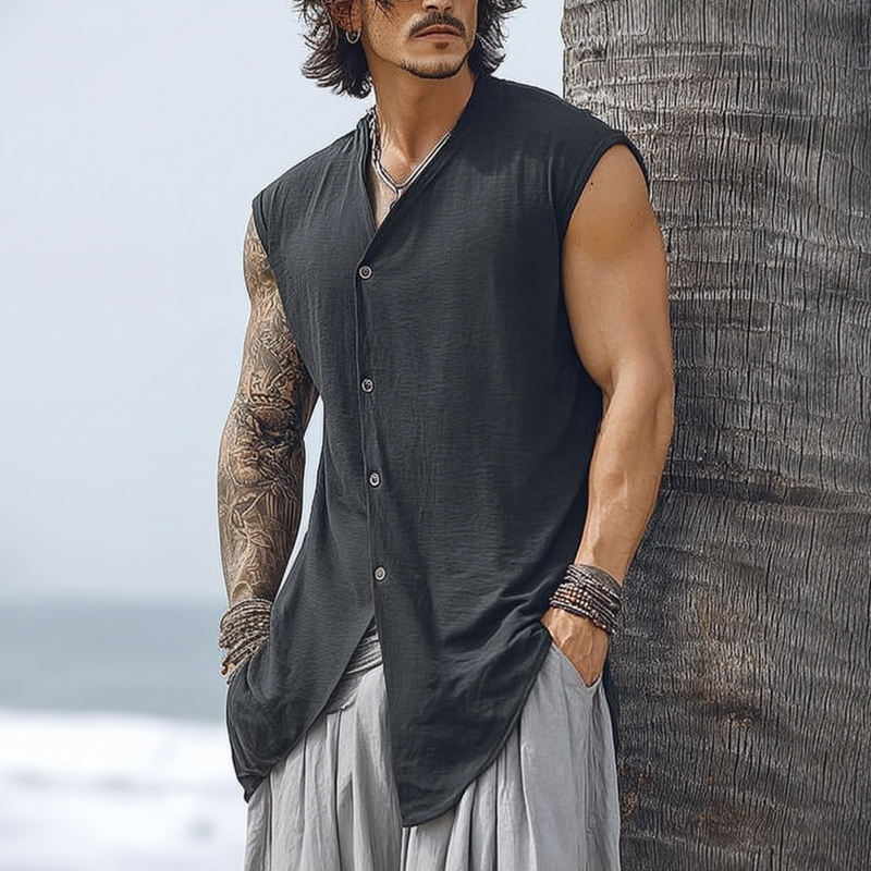 Men's Fashionable Cotton Linen V-neck Slanted Placket Loose Sleeveless Shirt DTT25063016