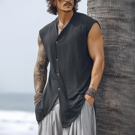 Men's Fashionable Cotton Linen V-neck Slanted Placket Loose Sleeveless Shirt DTT25063016