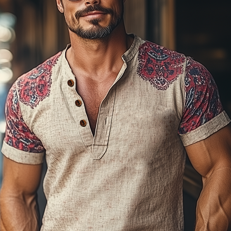 Men's Summer Fashion Casual Tough Guy Henley Collar Cotton And Linen Printed Short-sleeved T-shirt DTT25060503