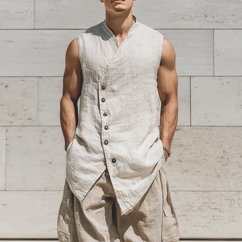 Men's Cotton And Linen Stand Collar Solid Color Loose Vest DTT25070205
