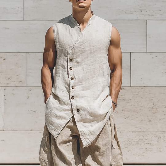 Men's Cotton And Linen Stand Collar Solid Color Loose Vest DTT25070205