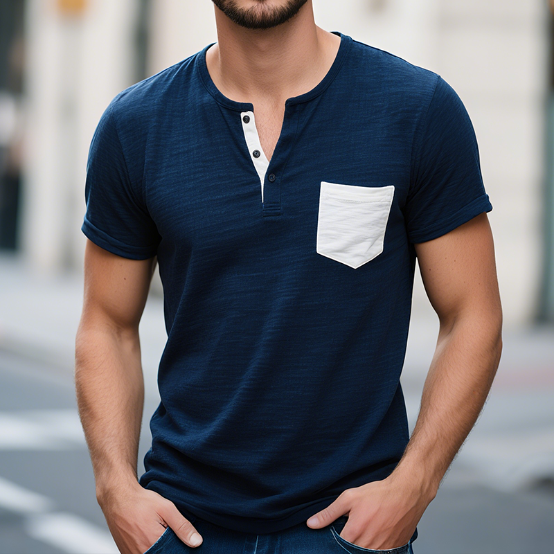 Men's Cotton Vintage Casual Colorblock Pocket Henley Short Sleeve T-Shirt DTT25071001