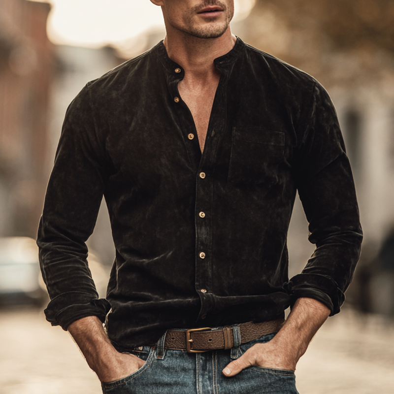 Men's Vintage Faux Suede Stand Collar Long Sleeve Shirt DTT25081220