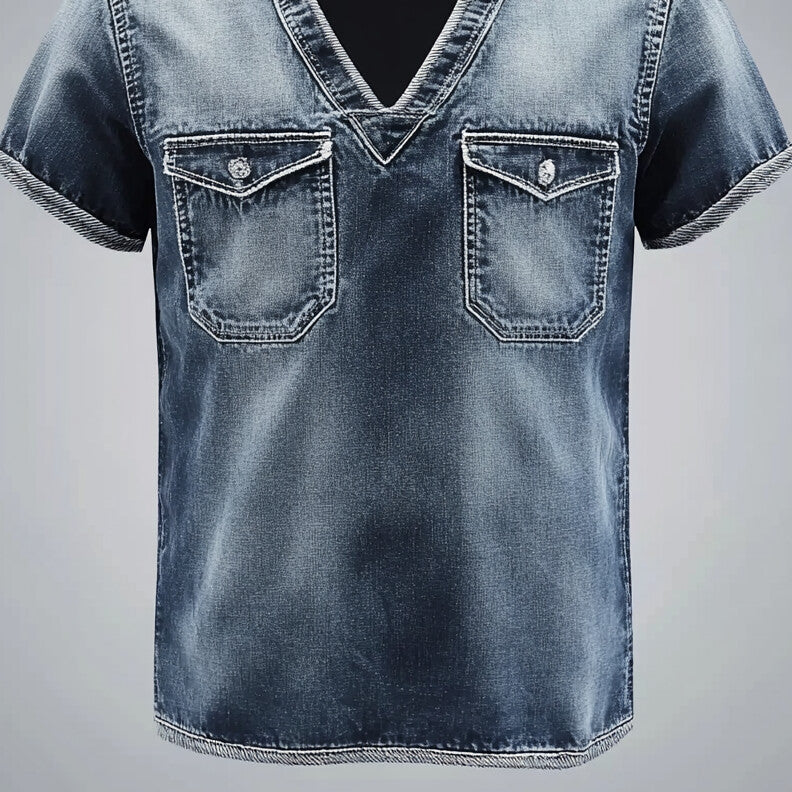 Men's Faded Denim Chest Pocket V Neck Short Sleeve T-Shirt 9913235865784