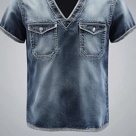 Men's Faded Denim Chest Pocket V Neck Short Sleeve T-Shirt 9913235865784