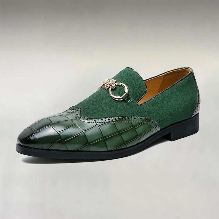 Men's Plaid Leather Patchwork Buckle Decor Slip On Pointed Toe Loafers Shoes 9888556187832