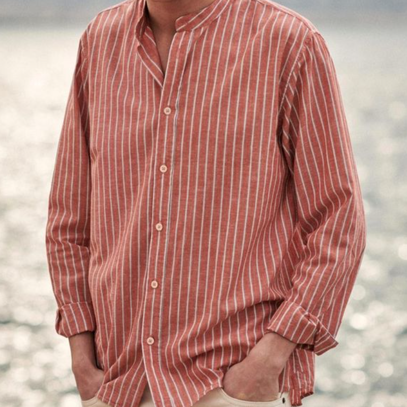 Men's Casual Cotton Linen Contrast Striped Stand Collar Loose Long Sleeve Shirt 9902010040504