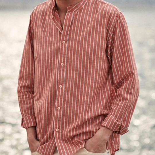 Men's Casual Cotton Linen Contrast Striped Stand Collar Loose Long Sleeve Shirt 9902010040504