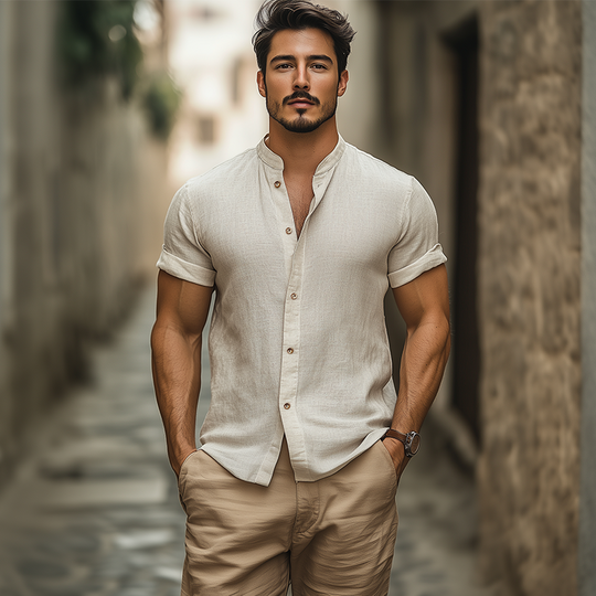 Men's Fashion Casual Classic Stand Collar Slim Fit Cotton And Linen Short-sleeved Shirt DTT25060308