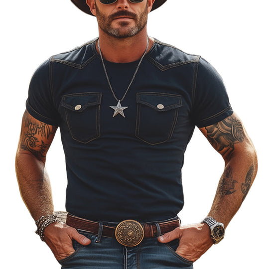 Men's Summer Slim Round Neck Double Pocket Short Sleeve T-Shirt DTT25060409
