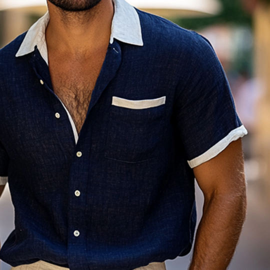 Men's Colorblock Lapel Single Breasted Chest Pocket Short Sleeve Shirt DTT25061319