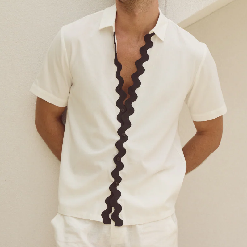 Men's Spring And Summer Fashion Casual Wave Ribbon Decorated Short Sleeve Shirt Shorts Set DTT25071620