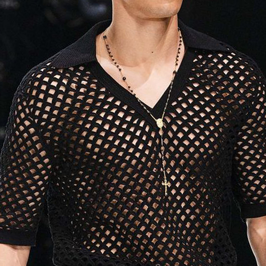 Men's Spring And Summer Fashion Hollow Sexy Knitted Short-sleeved Polo Shirt DTT25071116