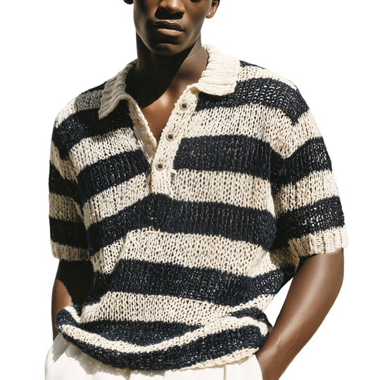 Men's Summer Classic Black And White Striped Knitted Polo Neck T-Shirt DTT25071016