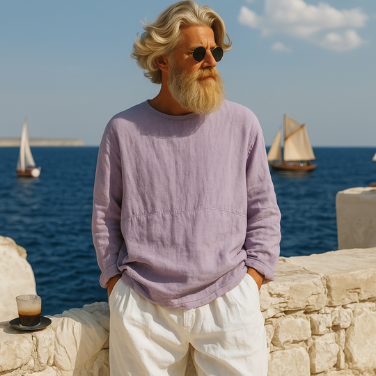 Men's Casual Breathable Cotton Linen Round Neck Loose Long-sleeved T-shirt DTT25070216