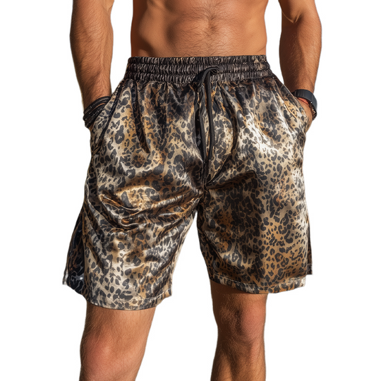 Men's Fashion Casual Leopard Print Satin Elastic Waist Shorts DTT25071708