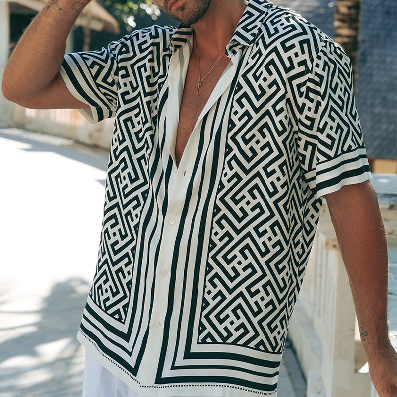 Men's Summer Casual Tencel Cotton Printed Lapel Short Sleeve Shirt DTT25070304