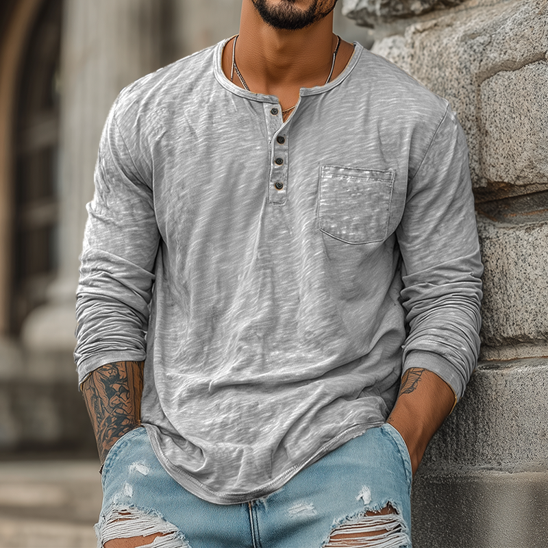 Men's Spring And Summer Casual Tough Style Henry Collar Bamboo Cotton Long Sleeve T-Shirt DTT25082007