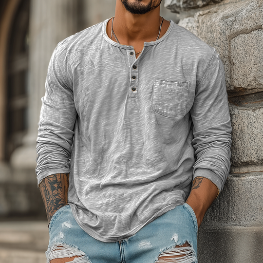 Men's Spring And Summer Casual Tough Style Henry Collar Bamboo Cotton Long Sleeve T-Shirt DTT25082007