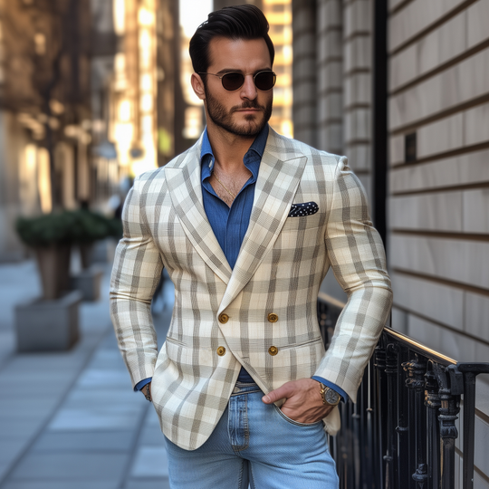 Men's Vintage Elegant Plaid Peaked Lapel Double Breasted Slim Fit Blazer DTT25072306