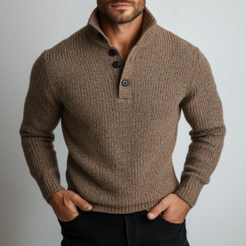 Men's Vintage Solid Color Polo Neck Slim Fit Knit Long Sleeve Pullover Sweater DTT25082804