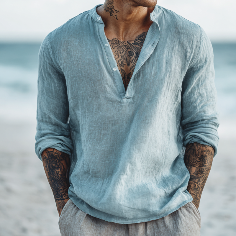 Men's Solid Cotton And Linen Henley Collar Long Sleeve Shirt DTT25081516