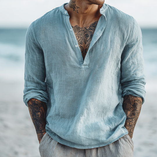 Men's Solid Cotton And Linen Henley Collar Long Sleeve Shirt DTT25081516