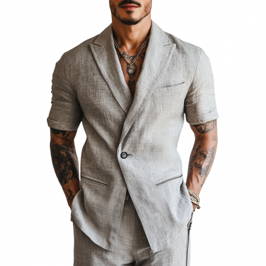 Men's Casual Breathable Linen Notch Lapel Patch Pockets One Button Slim Fit Short Sleeve Blazer DTT25060505