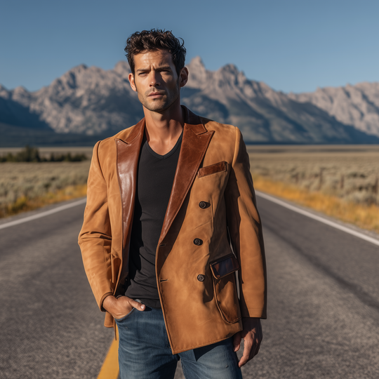 Men's Classic Retro Western Cowboy Style Suede Double-breasted Collar Splicing PU Leather Slim-fit Blazer DTT25080718
