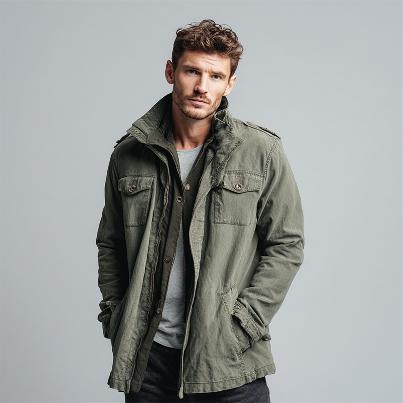 Men's Vintage Washed Denim Stand Collar Mid-length Coat DTT25081117