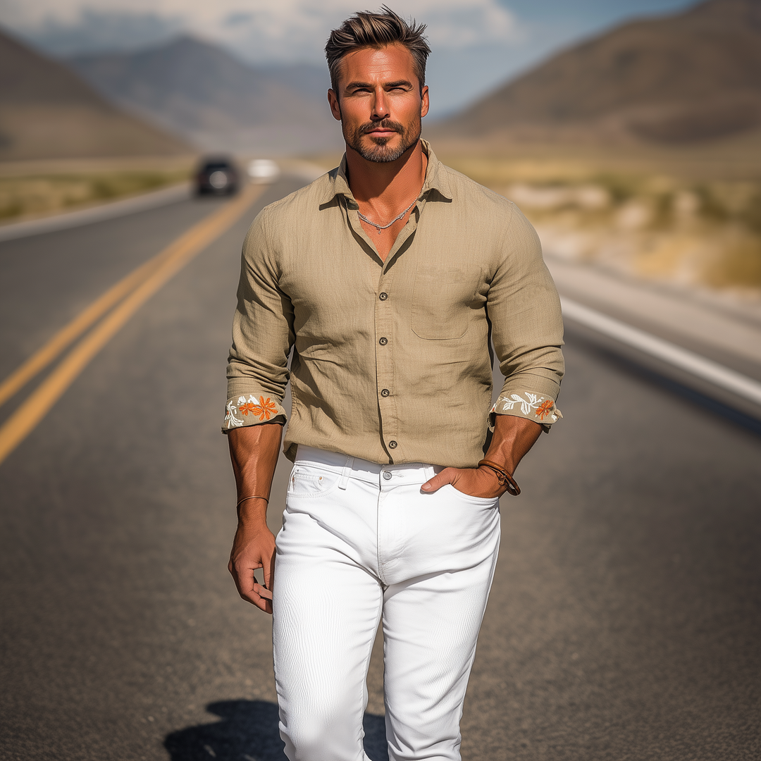 Men's Classic Casual Cotton And Linen Blended Cuff Embroidery Slim Fit Long Sleeve Shirt DTT25072403