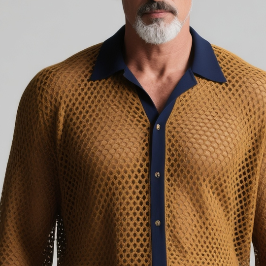 Men's Colorblock Hollow Out Knit Lapel Long Sleeve Shirt DTT25073114