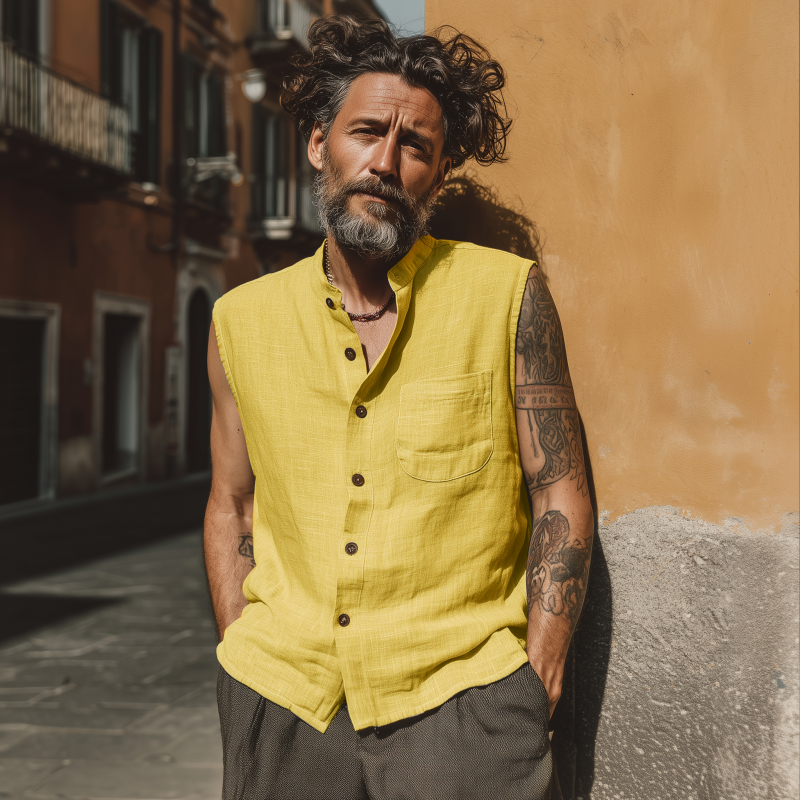 Men's Casual Breathable Linen Stand Collar Patch Pocket Loose Sleeveless Shirt DTT25070411