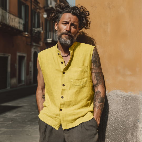 Men's Casual Breathable Linen Stand Collar Patch Pocket Loose Sleeveless Shirt DTT25070411
