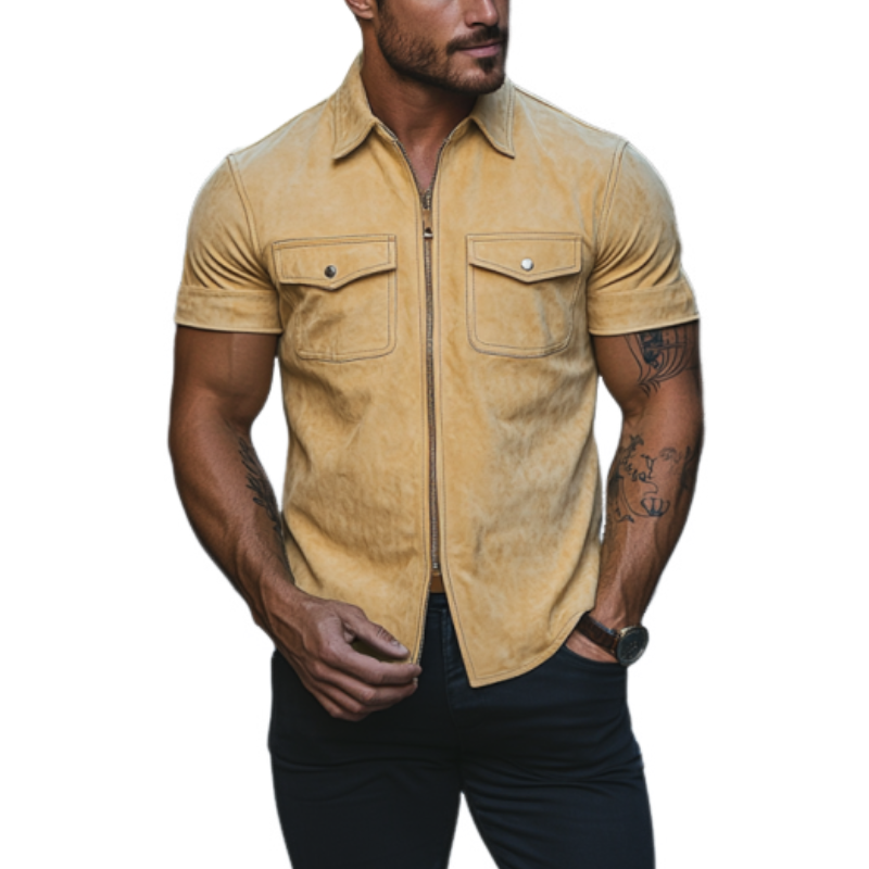 Men's Classic Casual Slim Lapel Multi-Pocket Suede Short Sleeve Shirt 9903595225272