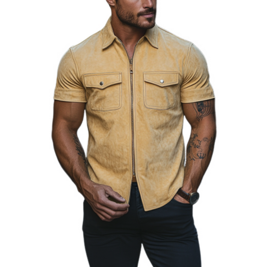 Men's Classic Casual Slim Lapel Multi-Pocket Suede Short Sleeve Shirt 9903595225272