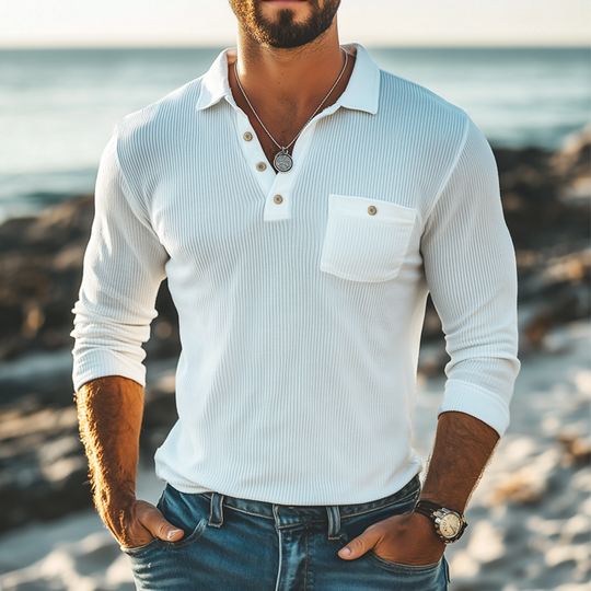 Men's Basic Striped Knitted Long Sleeve POLO Shirt DTT25073006