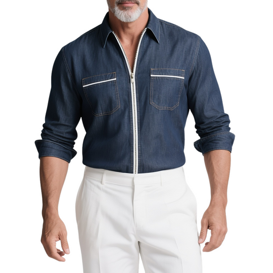 Men's Fashion White Trim Lapel Long Sleeve Denim Shirt DTT25072917