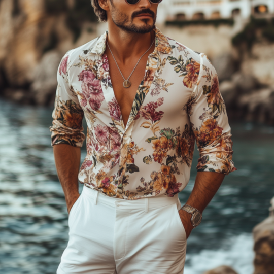 Men's Fashion Italian Sicilian Style Chiffon Printed Long Sleeve Shirt 9918991139000