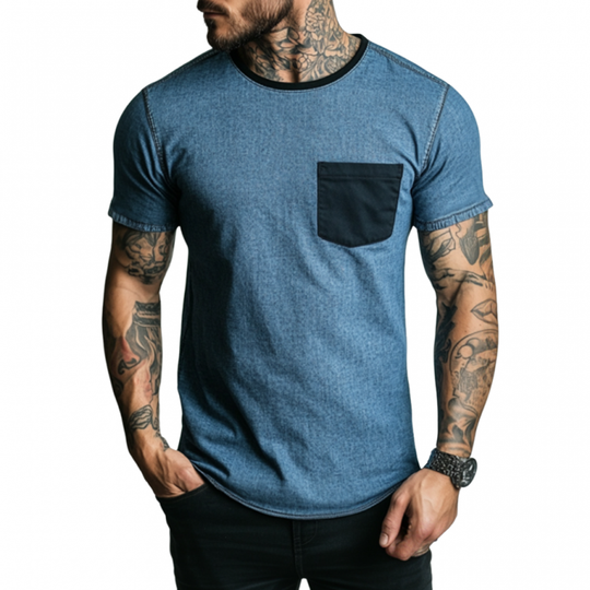 Men's Casual Washed Distressed Round Neck Patch Pocket Slim Fit Contrast Color Denim Short-sleeved T-shirt DTT25060616