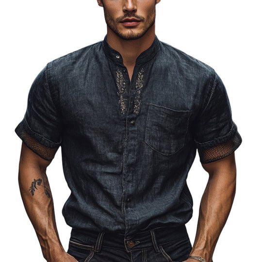 Men's Solid Color Embroidered Stand Collar Short Sleeve Shirt DTT25053020