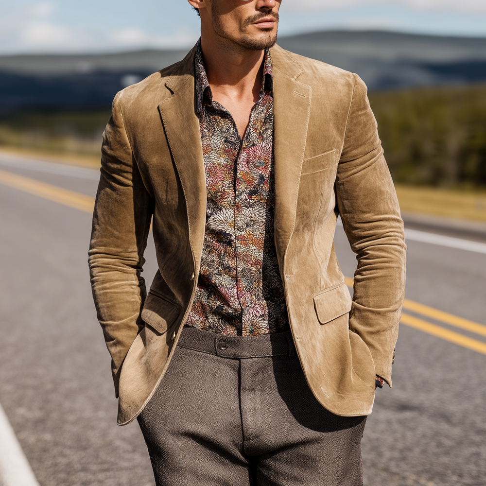 Men's Classic Casual Western Cowboy Style Suede Slim Fit Single-breasted Blazer DTT25080418