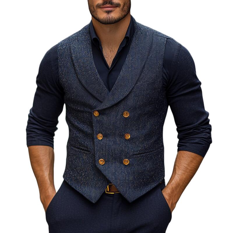 Men's Vintage Wool Blend Herringbone Shawl Collar Double-Breasted Slim-Fit Suit Vest DTT25082909