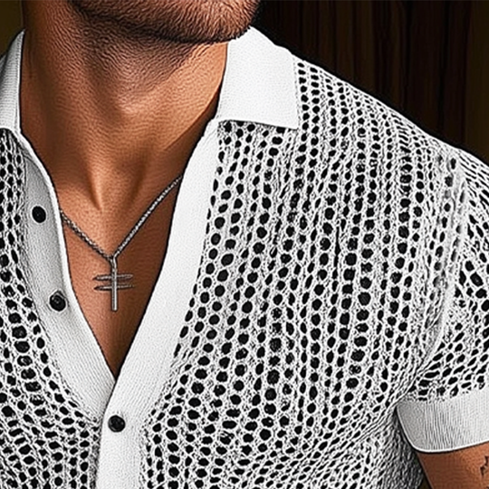 Men's Summer Slim Fit Hole Knit Short Sleeve Shirt DTT25062605