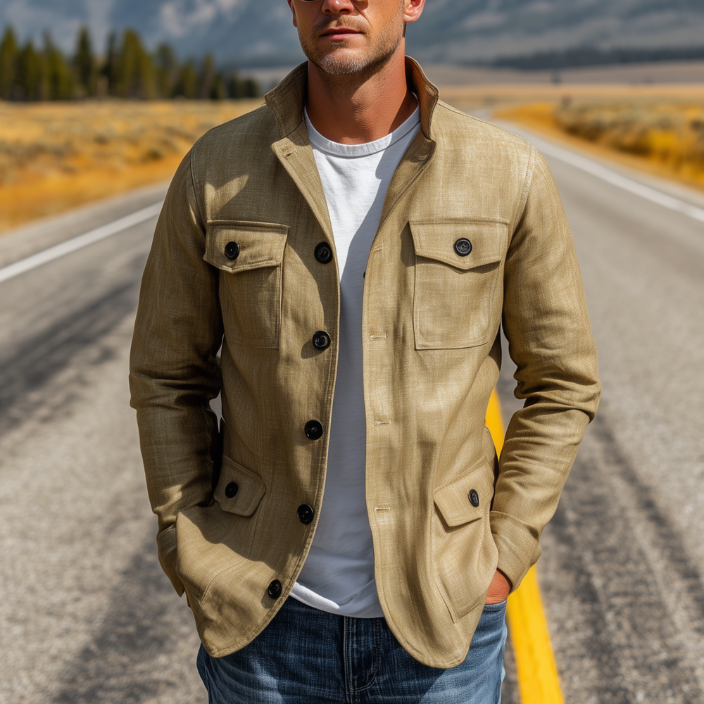 Men's Classic Casual Stand-up Collar Multi-pocket Cotton And Linen Blend Thin Jacket DTT25080419